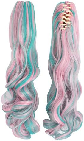 MapofBeauty Lolita Long Curly Clip on Ponytails Cosplay Wig, Pink/Blue - Image 5
