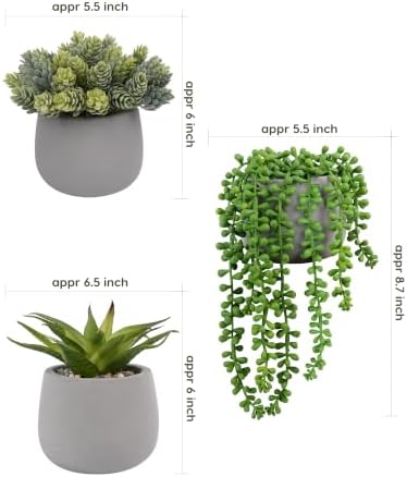 Artificial Succulents Plants in Grey Pots (Set of 3) - Faux String of Pearls, Aloe & Sedum Potted Plants Small Fake Plants Indoor for Home Office Table Desk Shelf Kitchen Bathroom Decor - Image 2