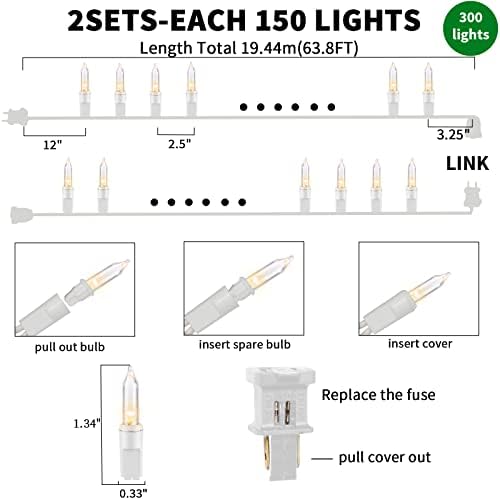 Ultra-Bright Connects End to End Warm White Christmas Mini Light 300L 63.8Ft(2Sets-Each 150L)UL Listed Incandescent Bulb String Light for Indoor Outdoor Holiday Garden Christmas Tree Decor - Image 3