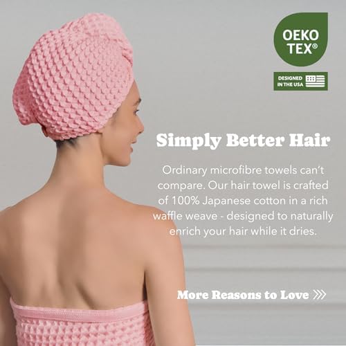 Luxury Organic Japanese Cotton Hair Drying Waffle Towel Wrap for Women | Absorbent, Quick-Dry Head Turban for Shower, Sauna, Spa | Extra Large for Long, Curly, Straight Hair With Button (Pink, 1 Pc) - Image 6