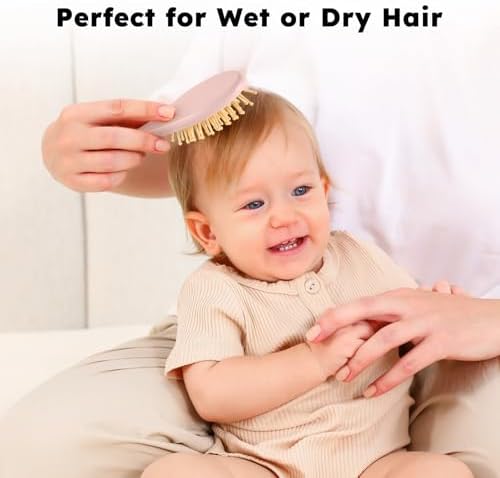 Yoofoss 4 Piece Baby Hair Brush and Comb Set，Wooden Baby Hair Brush with Natural Ultra Soft Goat Hair, Baby Comb Set for Boy, Girl - Pink - Image 6