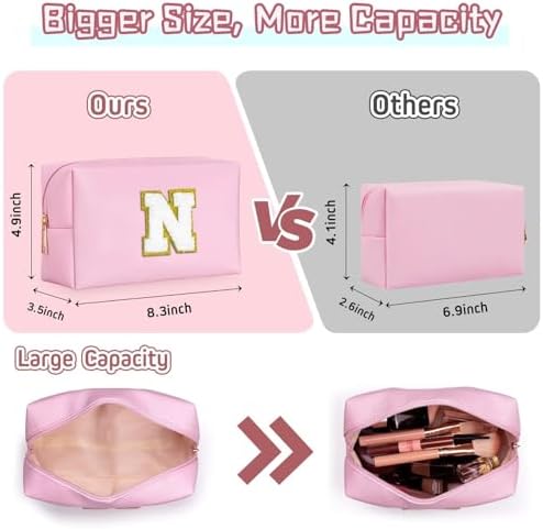 TOPEAST Preppy Small Makeup Bag, Chenille Letter Pouch Cosmetic Bag With Zipper, PU Leather Waterproof Toiletry Bag, Personalized Birthday Gift for Women, Cute Stuff for Girls (Pink D) - Image 3