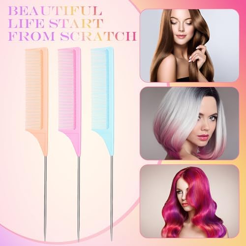 Leinuosen 3 Pack Rat Tail Comb Carbon Fiber,Light Blue,Light Pink,Purple - Image 3