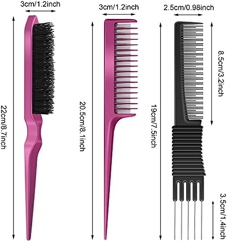 Patelai 3 Pcs Teasing Comb Edge Brush Rat Tail Comb Set,Black, Rose Red - Image 2