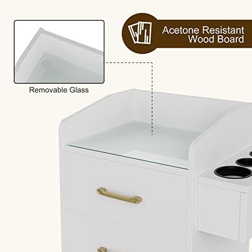 Paddie Beauty Salon Storage Trolley Cart, Glass Top Hair Station Cabinet with Dryer Holder, Lockable Rolling Wheels, Drawer - White - Image 2