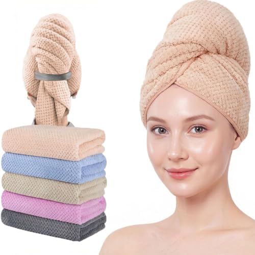 Microfiber Hair Towels, Waffle Hair Towel Set, Super Soft Highly Absorbent, Sturdy Quick Drying Turbans for Long, Thick, Curly Hair (5 Pack, 40" x 20") by Wuwahold