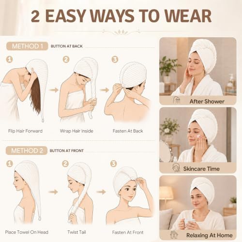 2 Pack Microfiber Hair Towel Wraps, Quick Dry Turbans, White & Pink - Image 6