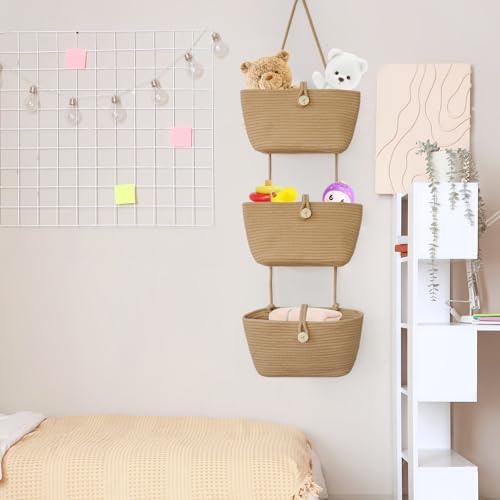 TeoKJ Over the Door Hanging Baskets with Wooden Button, 3-Tier Woven Cotton Storage Organizer Bag, Wall-Mounted with Hook Decorative Hanging Nursery Baskets, Jute - Image 5