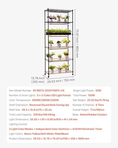 VEVOR Plant Shelf with Grow Light, 6-Tier Indoor Plant Stand, 71in Tall Plants Display Rack with Wheels & 4/9/14H Timer, 150W 3-Color Full Spectrum Grow Lights, Flower Pot Holder for Seed Starting - Image 7