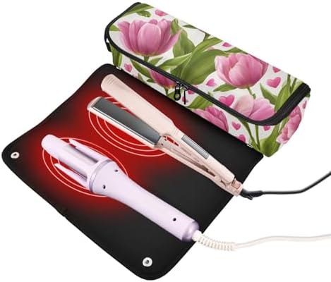 Hair Tools Travel Bag with Heat Resistant Mat Detachable 2-in-1 Curling Iron Travel Case Hot Tools Organizer for Straightener Flat Iron Pink Fresh Tulips and Hearts - Image 2