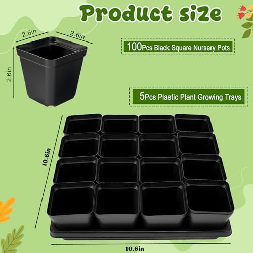 2.6in 100 Pcs Square Nursery Pots with 5 Pcs Plastic Seed Starting Trays - Image 2