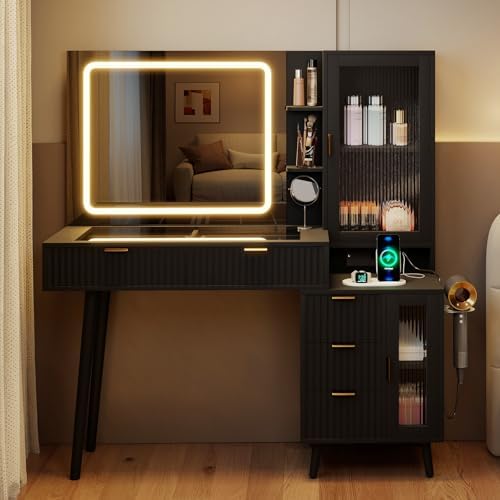 Black Vanity Desk with Mirror and Lights, 49" Fluted Wood Makeup Vanity Table with Modern Glass Top, Charging Station, 5 Drawers, 2 Cabinet with Adjustable Shelves, Salon Station,Wood - Image 6