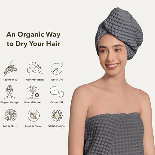 Luxury Organic Japanese Cotton Hair Drying Waffle Towel Wrap for Women | Absorbent, Quick-Dry Head Turban for Shower, Sauna, Spa | Extra Large for Long, Curly, Straight Hair With Button (Grey, 2 Pc) - Image 2