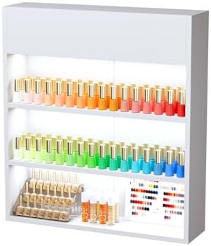 OmySalon Wall Mounted Display Rack, 32-Inch 3-Tier LED Nail Polish Organizer Shelf with USB Touch Control, for Nail Salon, Spa, Beauty Studio Storage, Wooden Retail Display (White) by OmySalon