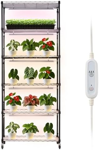 VEVOR Plant Shelf with Grow Light, 6-Tier Indoor Plant Stand, 71in Tall Plants Display Rack with Wheels & 4/9/14H Timer, 150W 3-Color Full Spectrum Grow Lights, Flower Pot Holder for Seed Starting by VEVOR