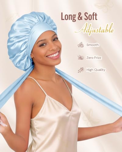 BONNET QUEEN Double Layer Silk Bonnet for Sleeping for Women Satin Lined Bonnet Night Cap for Curly Hair with Tie Band,Light Blue - Image 3