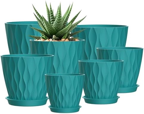 4/4.5/5/5.5/6/6.5/7 Inch Plant Pots,7 Pack Flower Pots with Drainage Holes and Trays,Plastic Planters for Indoor Outdoor Plants Growth,Green by SQKH