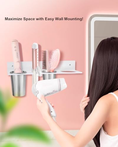 Hair Tool Organizer, Hair Dryer Holder with Heatproof Steel Cups, Acrylic Vanity Organizer for Curling Iron, Flat Iron & Hair Brushes, Perfect for Bathroom (White, Oversized) - Image 2