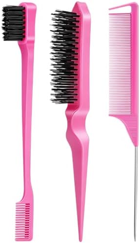 3 Pieces Hair Styling Comb Set Teasing Brush Rat Tail Comb Edge Brush for Edge&Back Brushing, Combing, Slicking Hair for Women (Pink) by Goiple