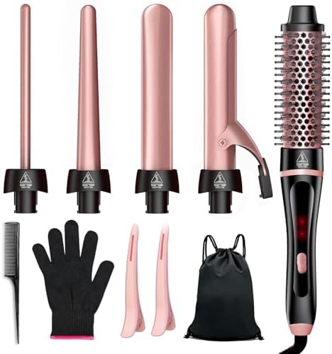 5 in 1 Curling Iron & Thermal Brush Set with 4 Interchangeable Ceramic Barrels (0.35”-1.25”) Fast Heat Dual Voltage Travel Hair Tools Birthday Gift for Women - Hair Curler Wand Kit for Curls & Blowout by YGOVVK