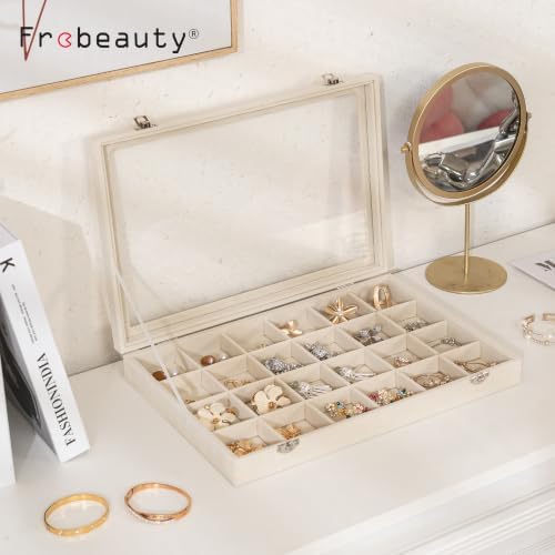 Frebeauty 24 Grid Earring Organizer,Velvet Jewelry Tray with Clear Lid - Image 2