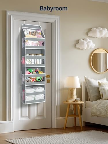 Yecaye 5 Tier Over the Door Organizer, Swing-proof Door Organizer Hanging with Clear PVC Windows, Behind the Door Storage for Bedroom Nursery Closet Laundry Pantry Bathroom, Grey - Image 5
