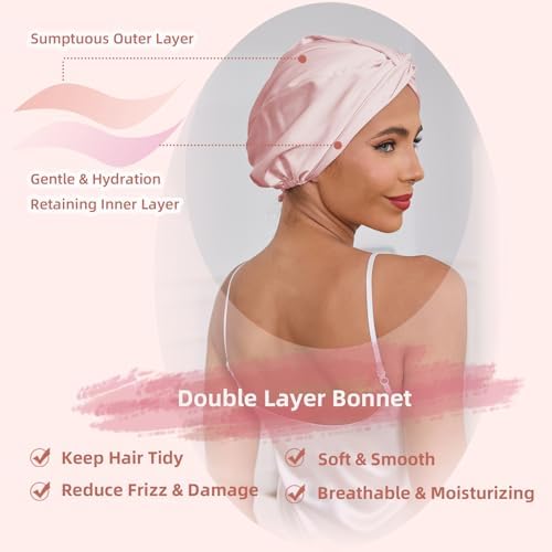 Adjustable Silk Satin Hair Bonnet for Sleeping Women, Double Layer, Silk Hair Wrap for Sleeping Women Men, Curly Natural Braid Straight Unisex - Pink - Image 3