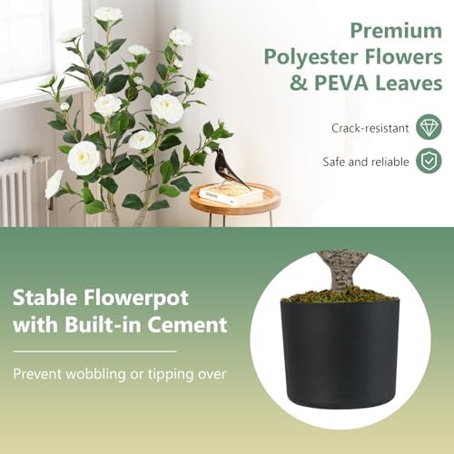 Goplus 36’’ Artificial Camellia Tree, 2 Pack Flower Plants Artificial Tree - Image 4
