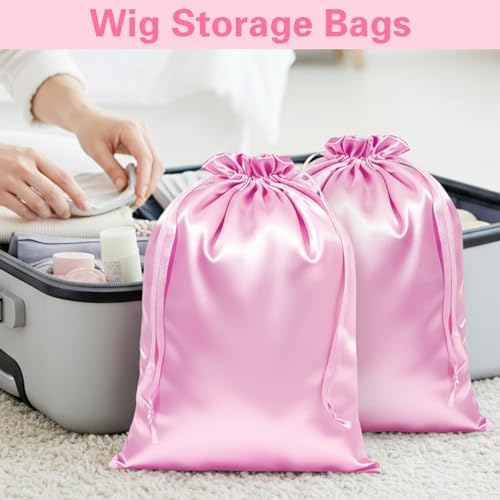 6 Pcs Satin Wig Bags With Drawstring, Silk Hair Storage Bags For Multiple Wigs, Bundles, Extensions, Pink - Image 5