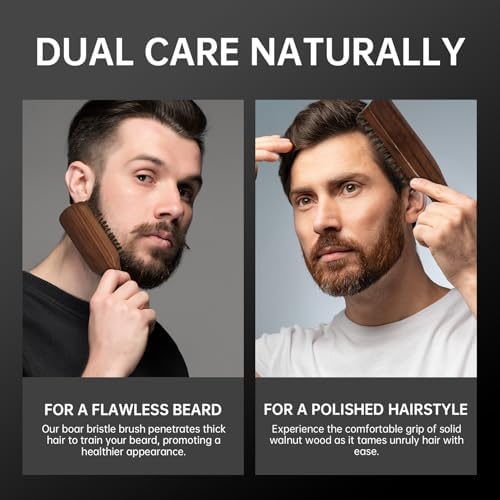 Men's Beard Brush, Walnut Wooden Handle, for Thick & Thin Hair, Slick Back - Image 5