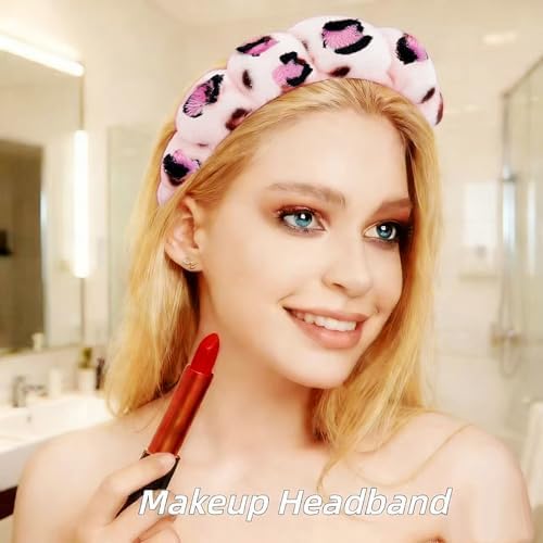 7 Pcs Spa Set, Facial Headband and Wristband Set, Skincare Accessories, College Style Girl Idea Gifts, Hair Accessories for Women and Girls（Leopard Print Pink） - Image 2
