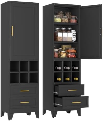 67" Tall Metal Pantry Cabinet, Narrow Freestanding Storage Cabinet, Black by pozdeg