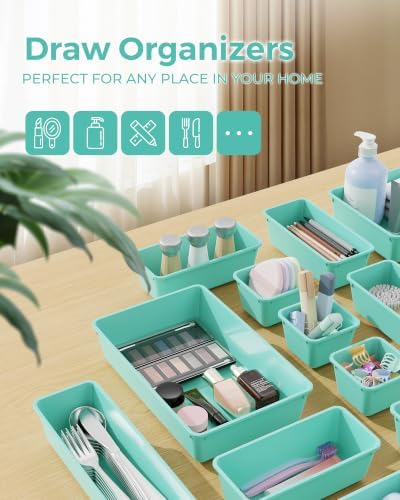 BiuLeon 25 PCS Plastic Drawer Organizers Set, 4-Sizes Vanity and Makeup Organizer, Desk and bathroom Drawer Organizer Trays, Organizers and Storage for Makeup, Jewelry, Gadgets, Utensils (Blue) - Image 3
