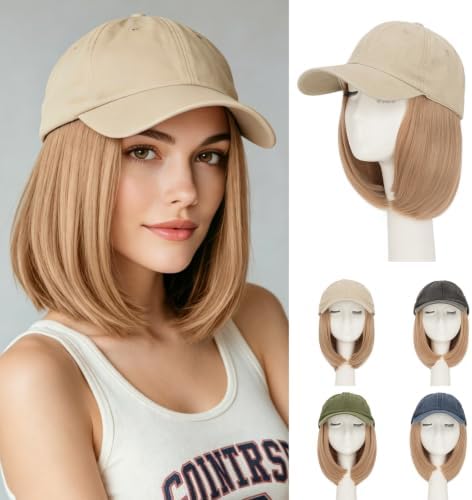 Rich Choices Hat Wigs for Women,Khaki Baseball Cap with Hair Extensions for Women,Short Bob Hairstyle Caps with Synthetic Hair Attached Adjustable Baseball Cap Wig 6 Inch Light Blonde Hair by RichChoices