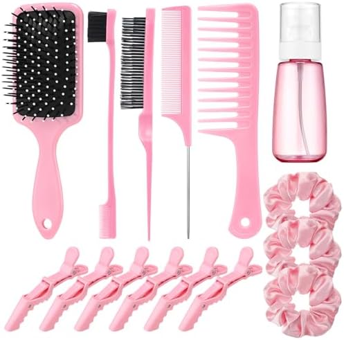 15 Pcs Slick Back Hair Brush Set, Bristle Hair Brush with Spray Bottle,Hair Clip,Edge Brush for Women, Men(Pink) by ProSuites