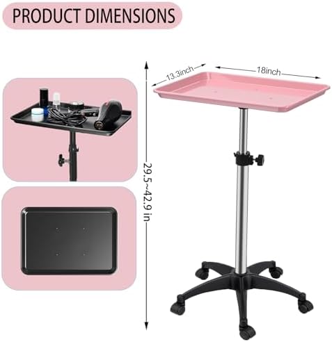 Salon Rolling Tray, Height Adjustable Tattoo Tray Rolling Cart, Storage Utility Trolley for Spa, Beauty Salon Service, Hairdresser Cart with Wheels, Black (Pink) - Image 5