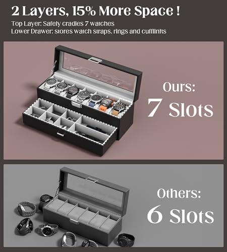 Watch Case Box for Men - 7 SLots Watches Storage Organizer Real-Glass Display Case with Jewelry Drawer 2-Layer PU Leather Collection Holder Gift for Loved Ones Black - Image 2
