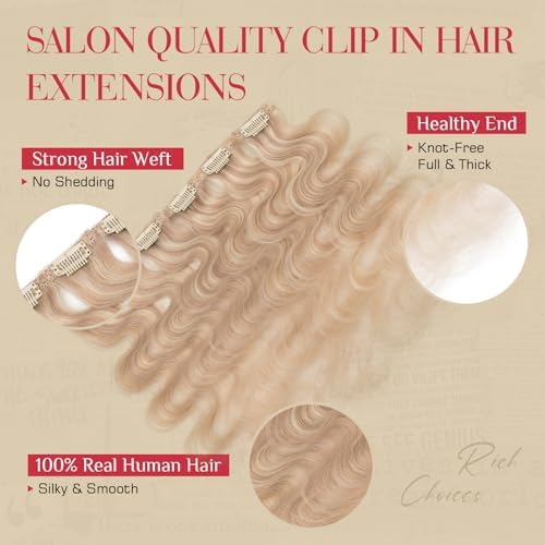 Rich Choices Clip In Hair Extension Real Human Hair-Wave/Curly 6 Pcs Single Clip Hairs Extension for Women-Invisible Mini Clips in Hairpieces-16 Inch #22BP613 Champagne Blonde Balayage - Image 3