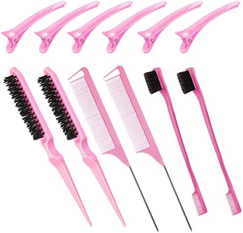 Goiple Hair Styling Brush Set, 12 Pieces Nylon Teasing Hair Brush Rat Tail Comb with Duckbill Clips, Double Sided Edge Brush for Edge & Back Brushing, Combing, Slicking Hair for Women Girls (Pink) by Goiple