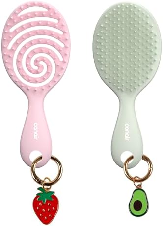 Conair Beyond Gentle Mini Hair Brush Set with Strawberry & Avocado Charms, 2-Pack Detangling Brushes for Wet & Dry Hair, Soft Flexible Bristles, Vented Brush, Compact Travel Size by conair
