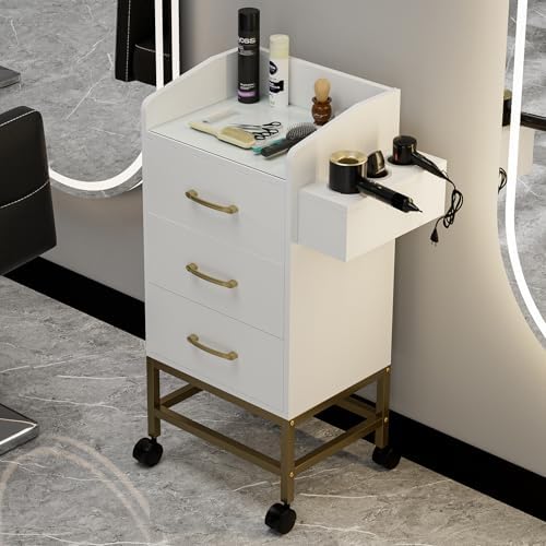 Beauty Salon Storage Trolley Cart, Mobile Hair Salon Station Hairdressing Tools Organizer Cabinet with 3 Drawers, Hair Dryer Holders and Lockable Rolling Wheels (White Gold) - Image 7