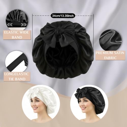 White Satin Bonnet for Sleeping Women Curly Hair Large Silk Bonnet with Tie - Image 3