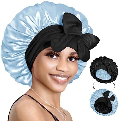 BONNET QUEEN Silk Bonnet for Sleeping Satin Bonnet with Tie Hair Wrap Double Layer Sleep Cap for Women Curly Hair, Black Blue by BonnetQueen