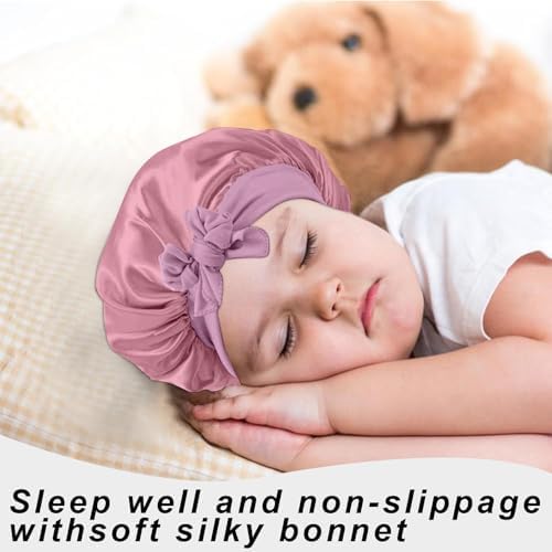 3 Pcs Kids Silk Bonnet for Sleeping-Baby Kids Satin Hair Bonnet for Curly Hair Girls Boys with Wide Elastic Band,Sleeping Cap for Teens Toddler (Rose Gold+Hotpink+Purple) - Image 6