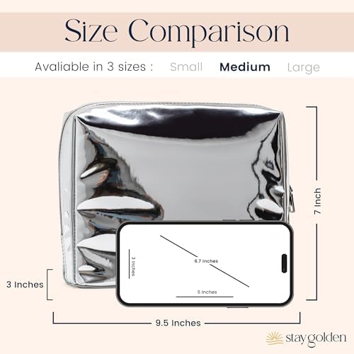 Stay Golden Luxury Insulated Makeup Bag for Women – Heat-Resistant Vegan Leather Cosmetic Case for Hot Car, Pool, Travel & Skincare, Waterproof Wipe-Clean | Metallic Silver, Medium (9.5 x 7 x 3 in) - Image 5