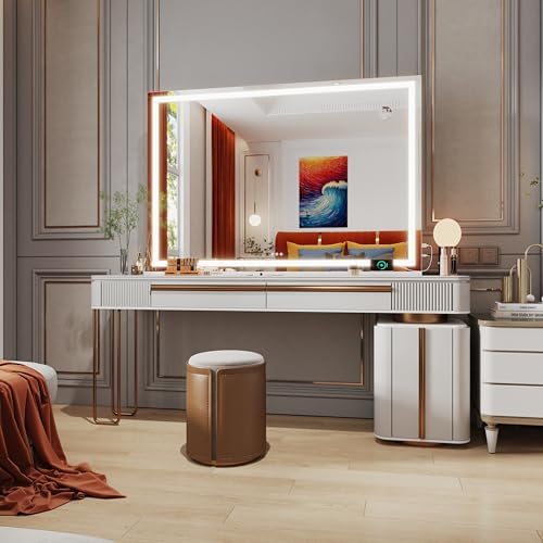 Hasipu Vanity Mirror with Lights, 42" x 30" LED Makeup Mirror, Lighted Makeup Mirror with Dimmable 3 Modes, Touch Screen Control Vanity Mirror Square White - Image 6