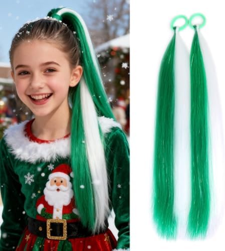 Green/White Tinsel Ponytail Extension for Women Girls Accessories Synthetic Tinsel Hair Pieces With Rubber Band Christmas Festival Party Daily Halloween Crazy Days Hair 20inch 2pcs/lot by Szphoxer