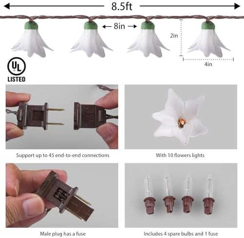 Flower String Lights Plug in, Decorative Christmas String Lights Indoor for Bedroom,10 White Lily Flower Lighted Garland, 8.5FT Connectable Fairy Hanging Lights Outdoor for Patio Garden Wedding Gifts - Image 2