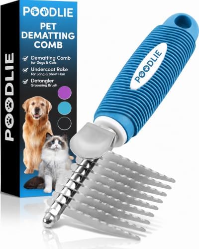 Poodle Dematting Fur Rake Comb Brush for Dogs and Cats - Long 2.5" Steel Safety Blades Metal Comb for Detangling Matted or Knotted Undercoat Hair by Poodlie
