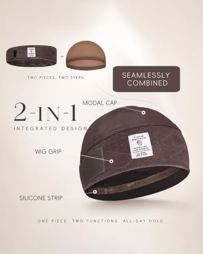 Wig Grip Cap with Silicone Non Slip Strips, 2-in-1 Wide Velvet Wig Band for Glueless Lace Front Wigs, Coffee, 1 Piece - Image 2